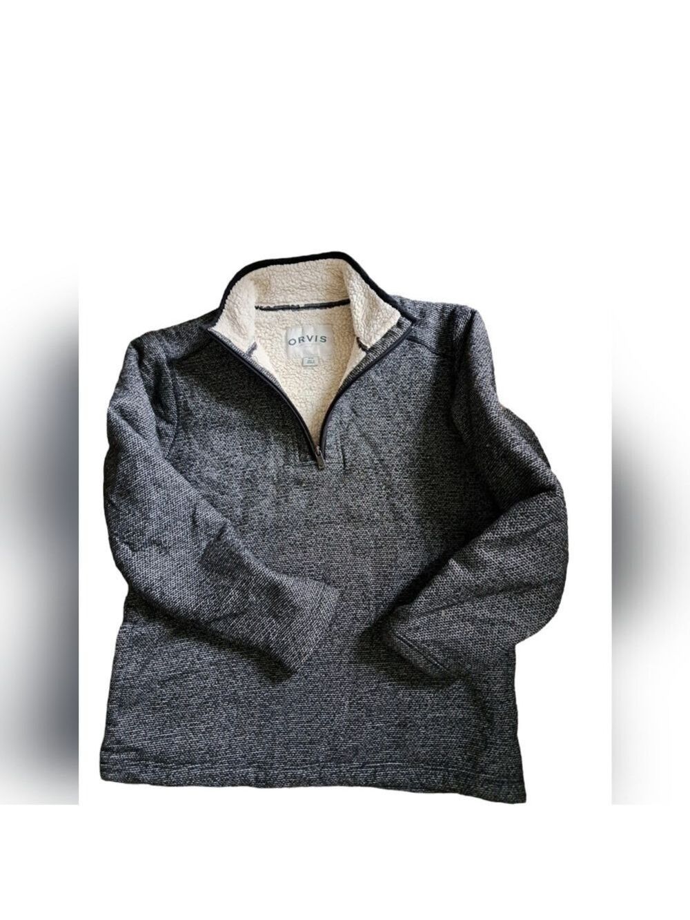ORVIS pullover 1/4 zip sweater black sherpa like lining cozy coastal outdoor M